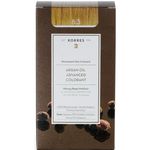 Korres Argan Oil Βαφή Μαλλιών Χωρίς Αμμωνία με Τεχνολογία Pigment-Lock που Κλειδώνει το Χρώμα 1 Τεμάχιο - 8.3 Ξανθό Ανοιχτό Μελί